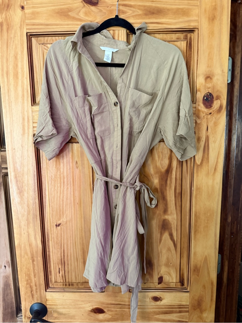 h&m olive green shirt dress Light Brown Tie-Waist Tunic length mother